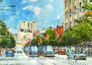 Trams in the city watercolour
